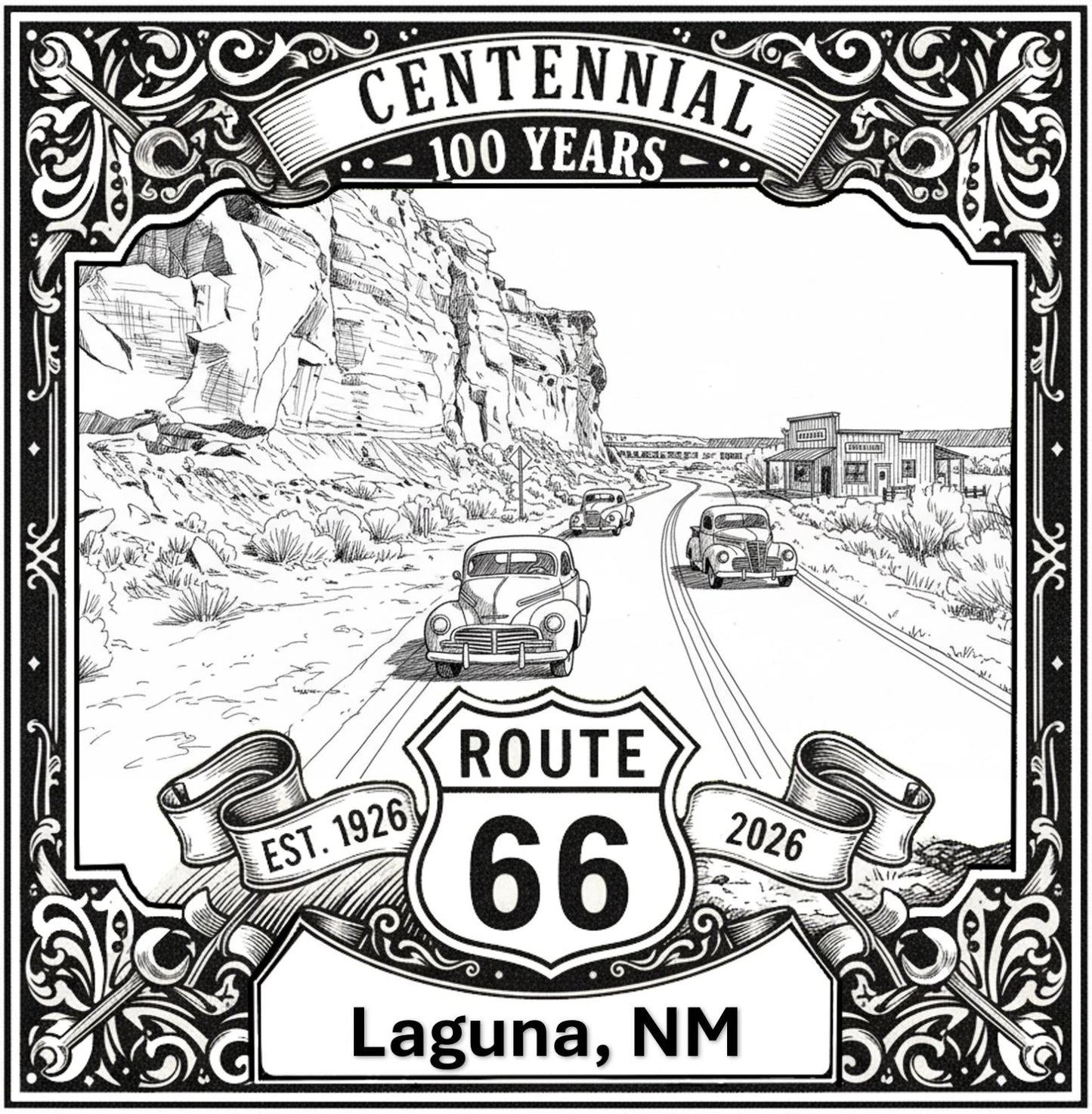 Laser-engraved design of Laguna, New Mexico for Route 66 Centennial
