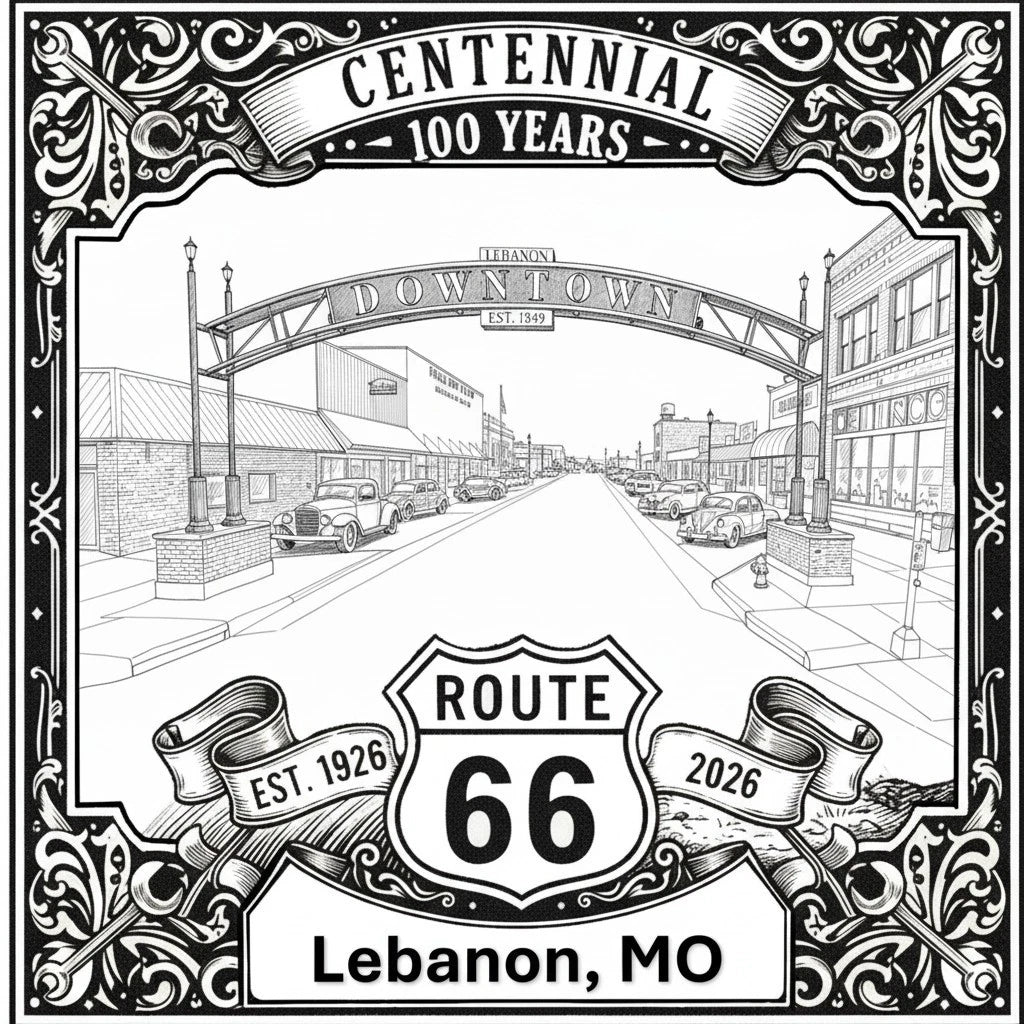 Laser-engraved design of Lebanon, Missouri for Route 66 Centennial