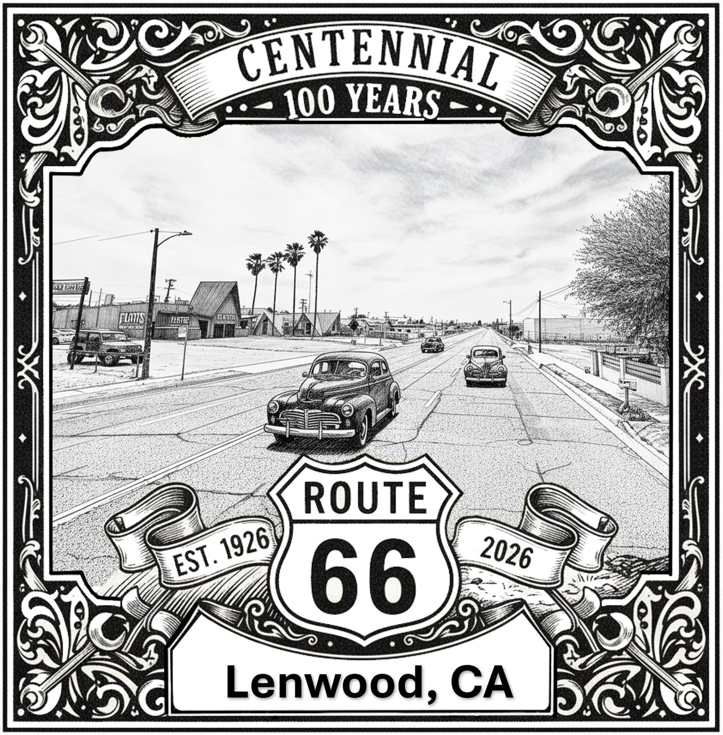 Laser-engraved design of Lenwood, California for Route 66 Centennial