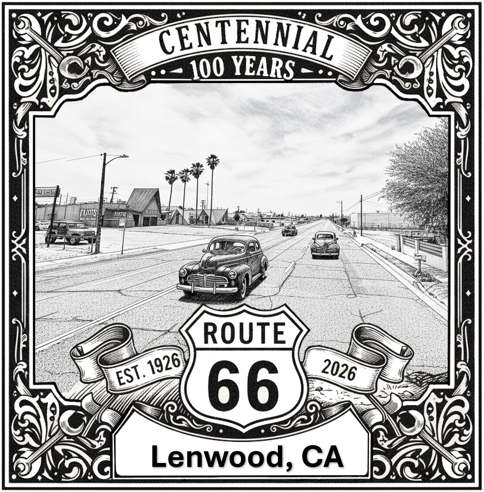 Laser-engraved design of Lenwood, California for Route 66 Centennial