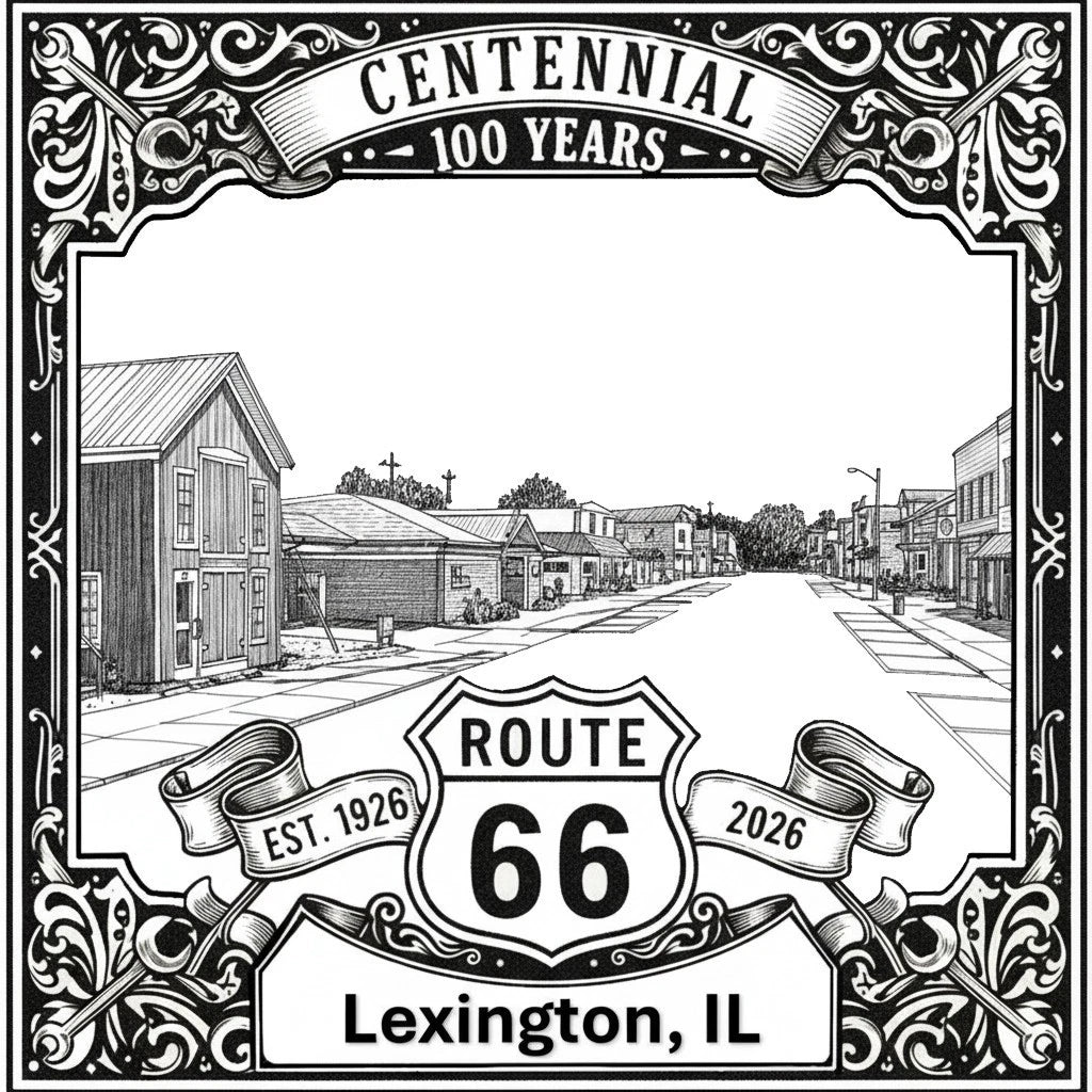 Laser-engraved design of Lexington, Illinois for Route 66 Centennial