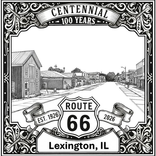 Laser-engraved design of Lexington, Illinois for Route 66 Centennial