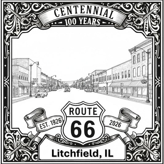 Laser-engraved design of Litchfield, Illinois for Route 66 Centennial