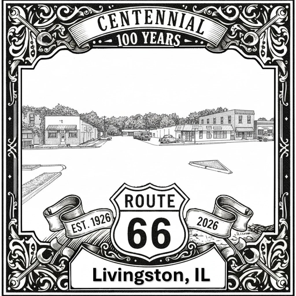 Laser-engraved design of Livingston, Illinois for Route 66 Centennial