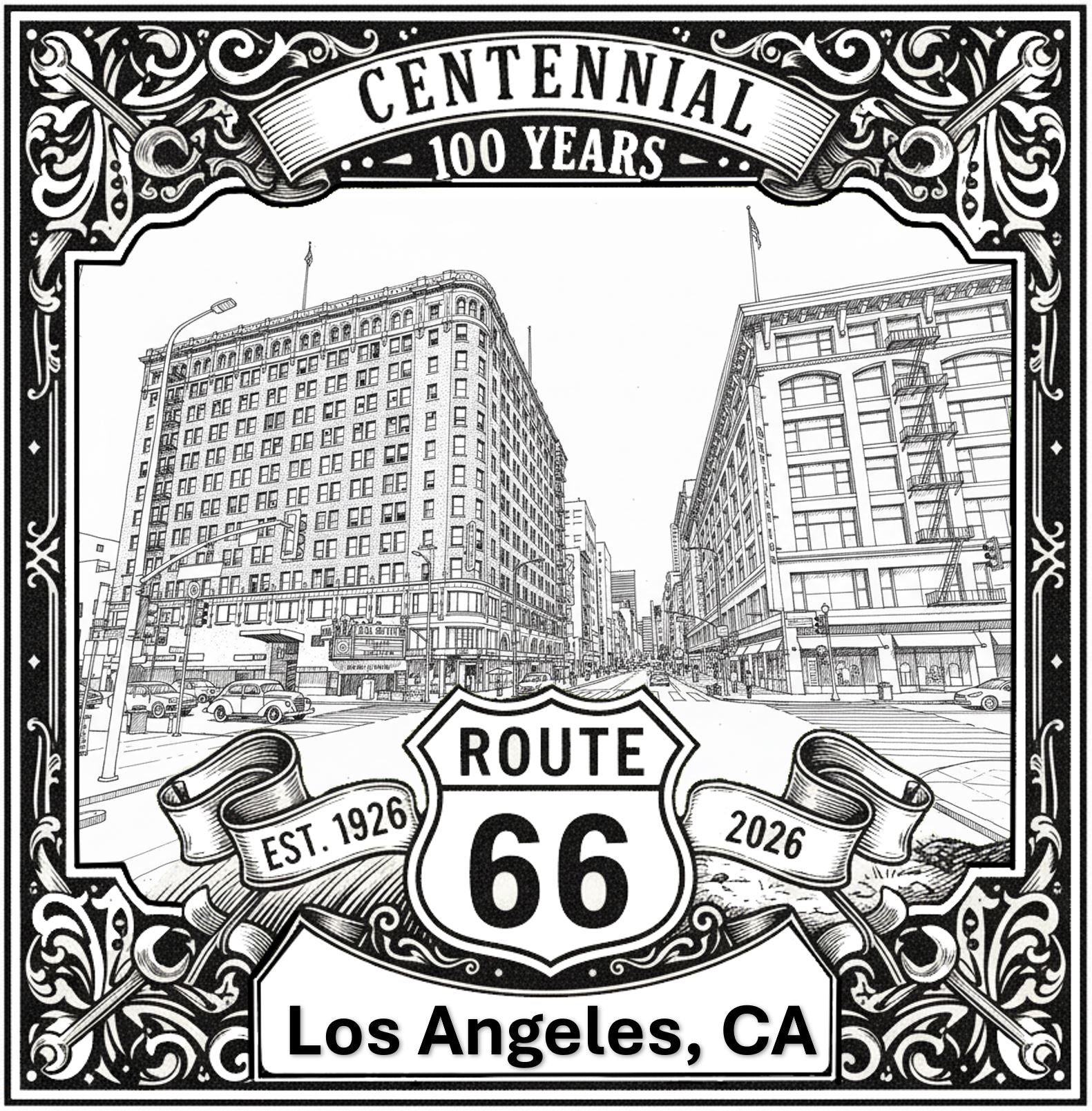 Laser-engraved design of Los Angeles, California for Route 66 Centennial