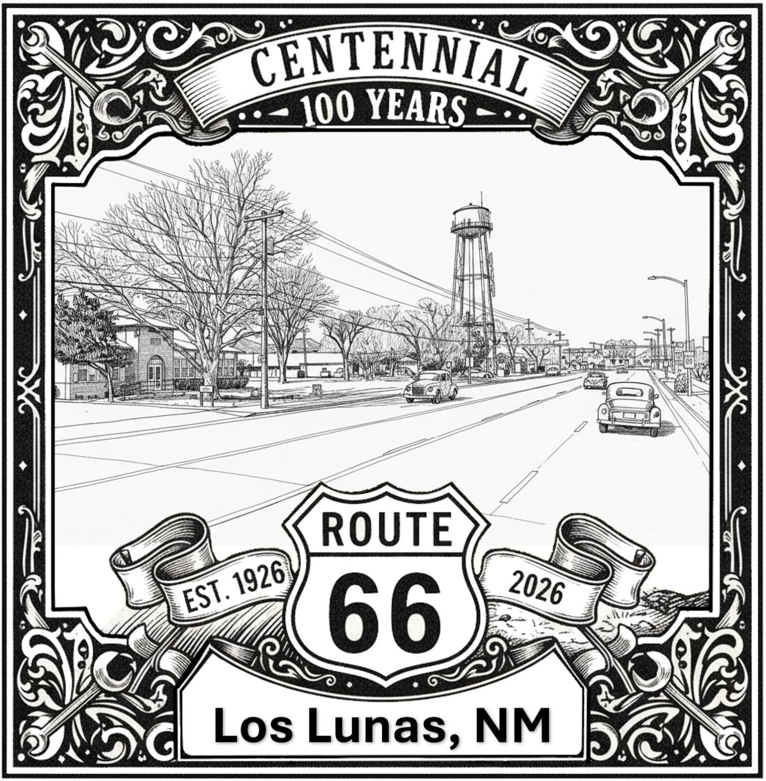 Laser-engraved design of Los Lunas, New Mexico for Route 66 Centennial