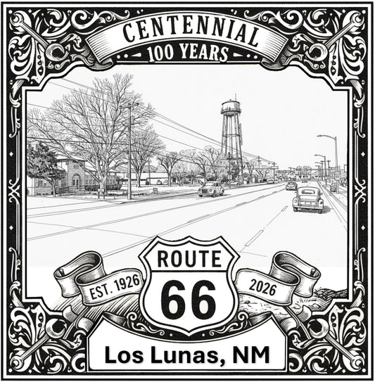 Laser-engraved design of Los Lunas, New Mexico for Route 66 Centennial
