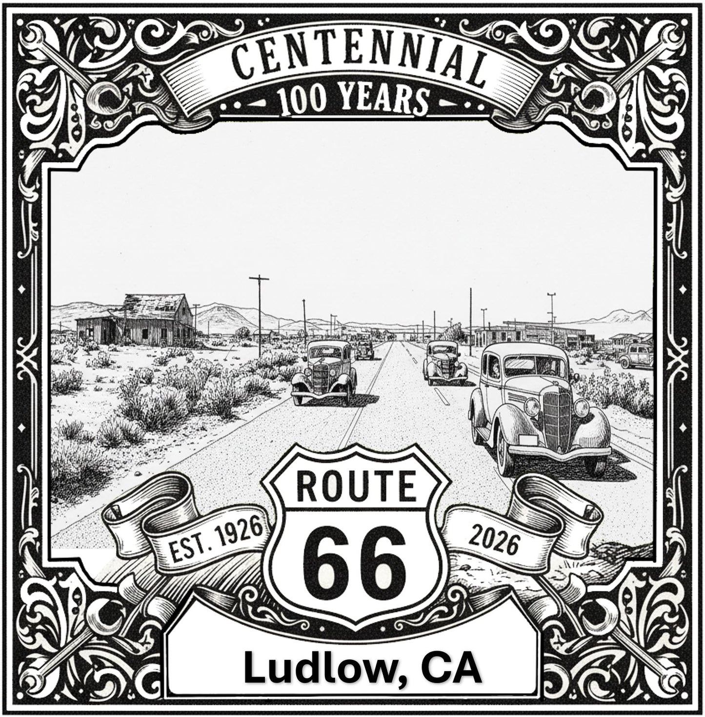 Laser-engraved design of Ludlow, California for Route 66 Centennial