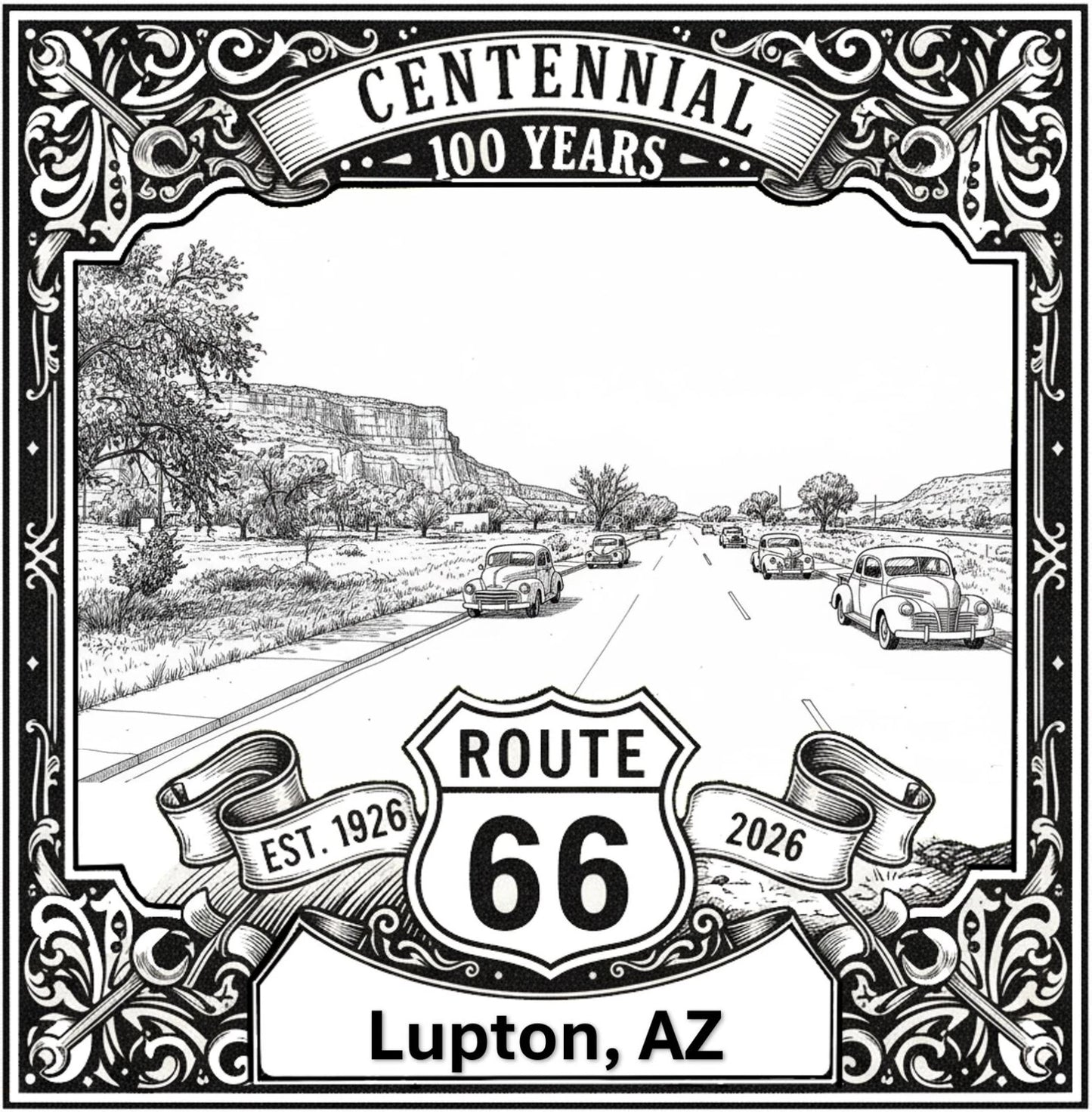 Laser-engraved design of Lupton, Arizona for Route 66 Centennial