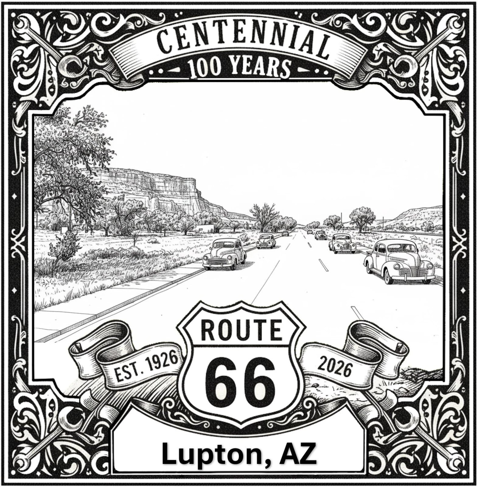 Laser-engraved design of Lupton, Arizona for Route 66 Centennial