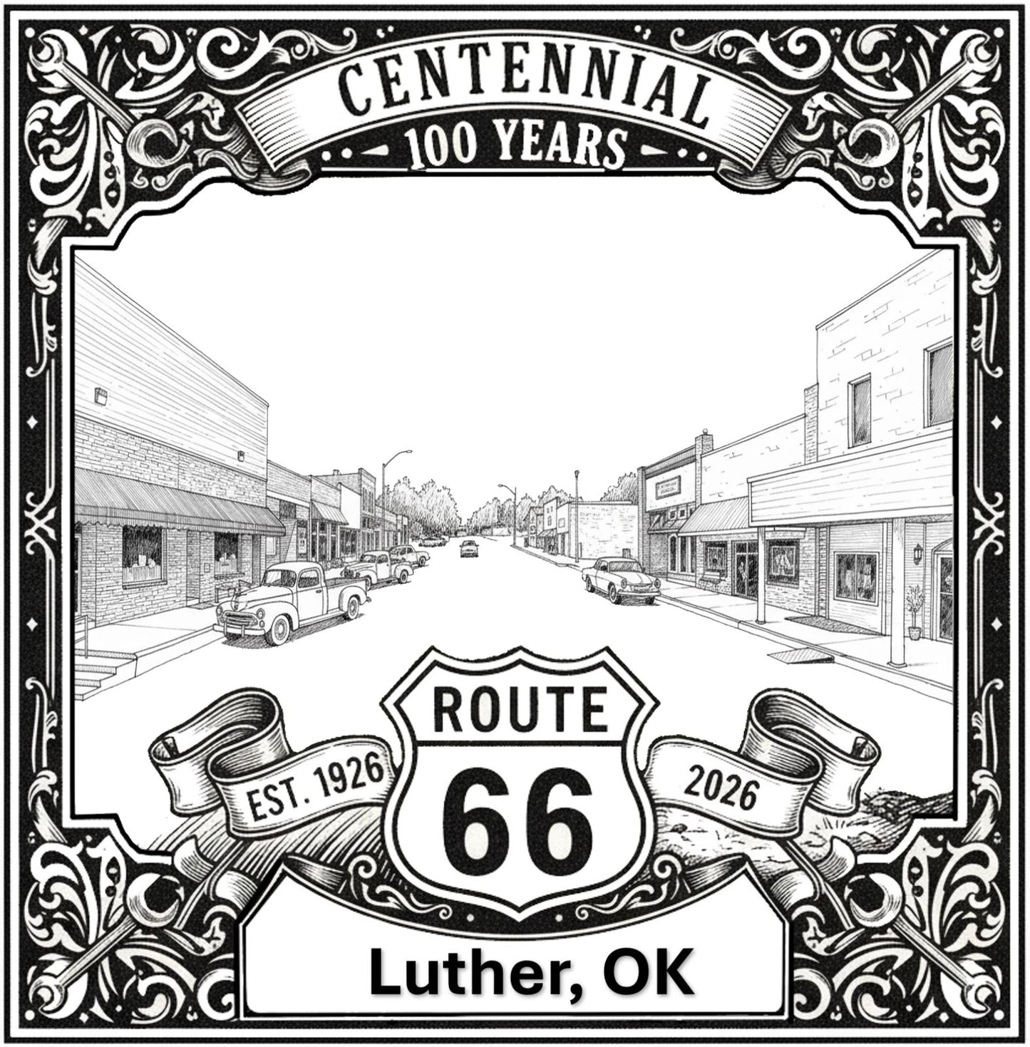Laser-engraved design of Luther, Oklahoma for Route 66 Centennial