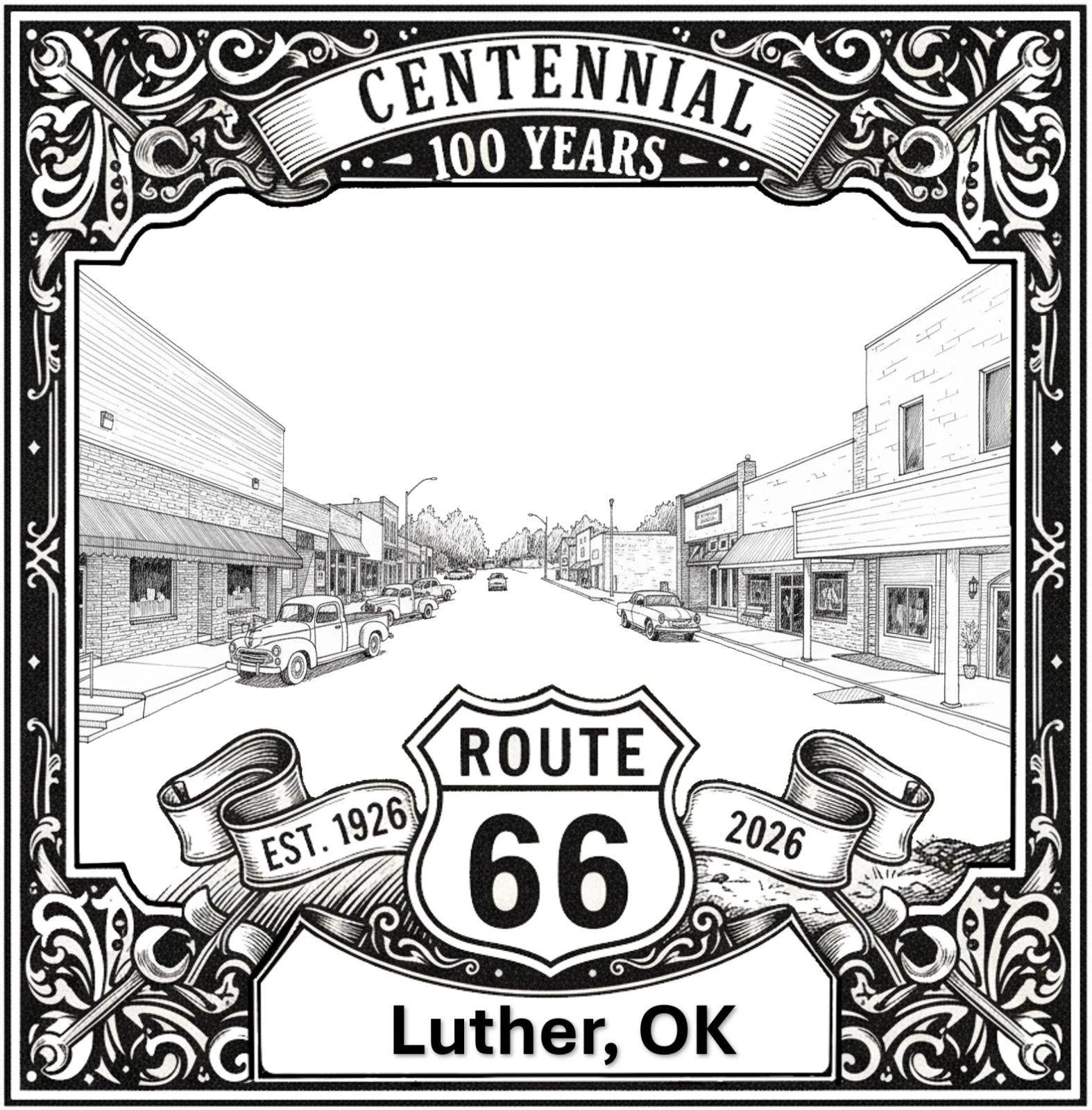 Laser-engraved design of Luther, Oklahoma for Route 66 Centennial
