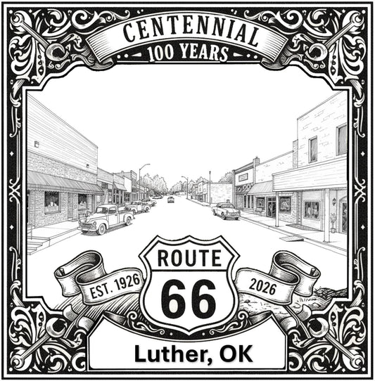 Laser-engraved design of Luther, Oklahoma for Route 66 Centennial