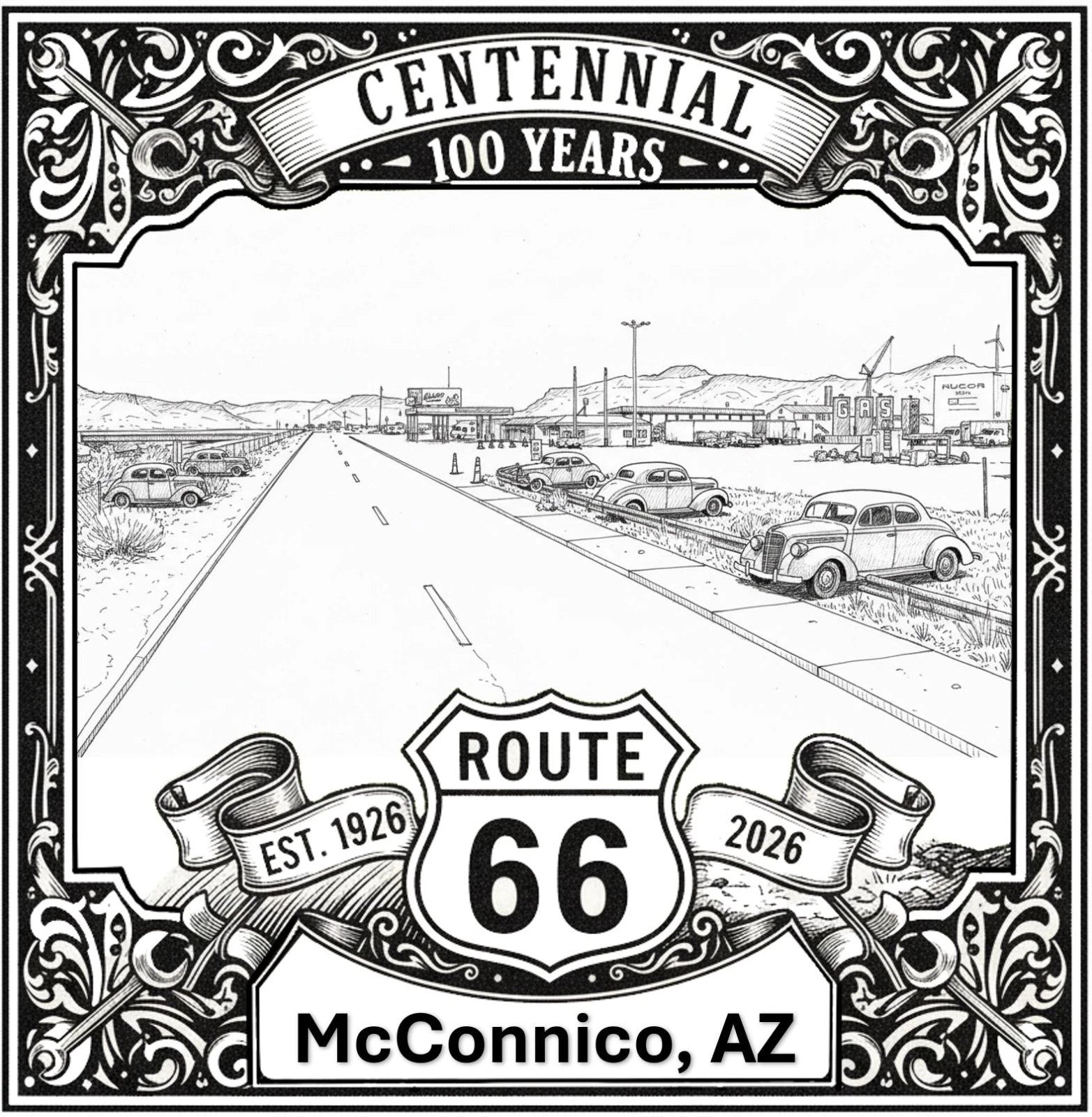Laser-engraved design of McConnico, Arizona for Route 66 Centennial
