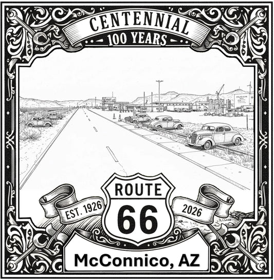 Laser-engraved design of McConnico, Arizona for Route 66 Centennial
