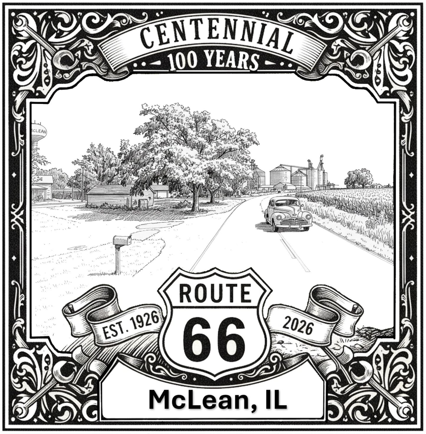 Laser-engraved design of McLean, Illinois for Route 66 Centennial