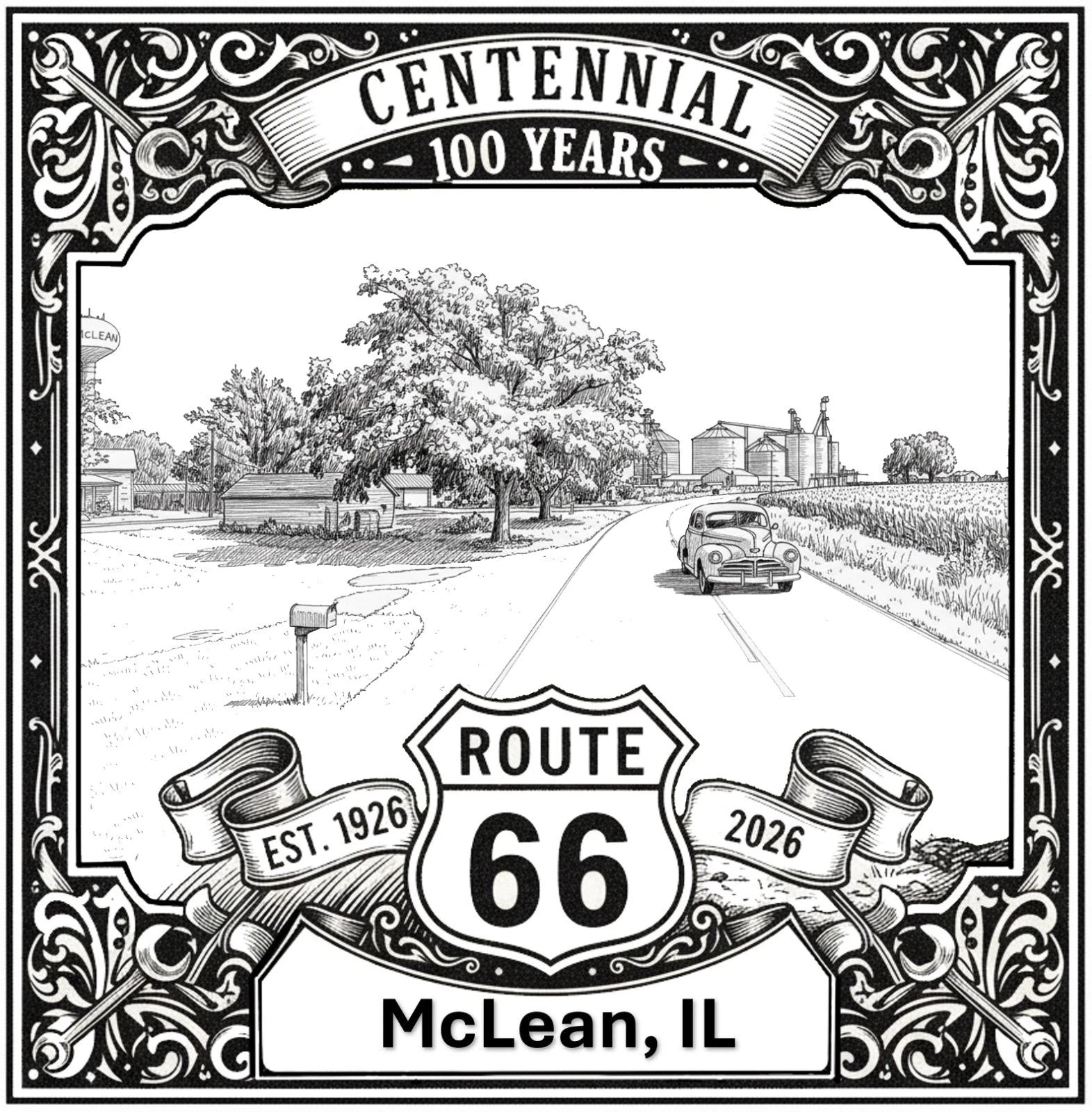 Laser-engraved design of McLean, Illinois for Route 66 Centennial