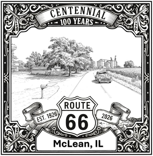 Laser-engraved design of McLean, Illinois for Route 66 Centennial
