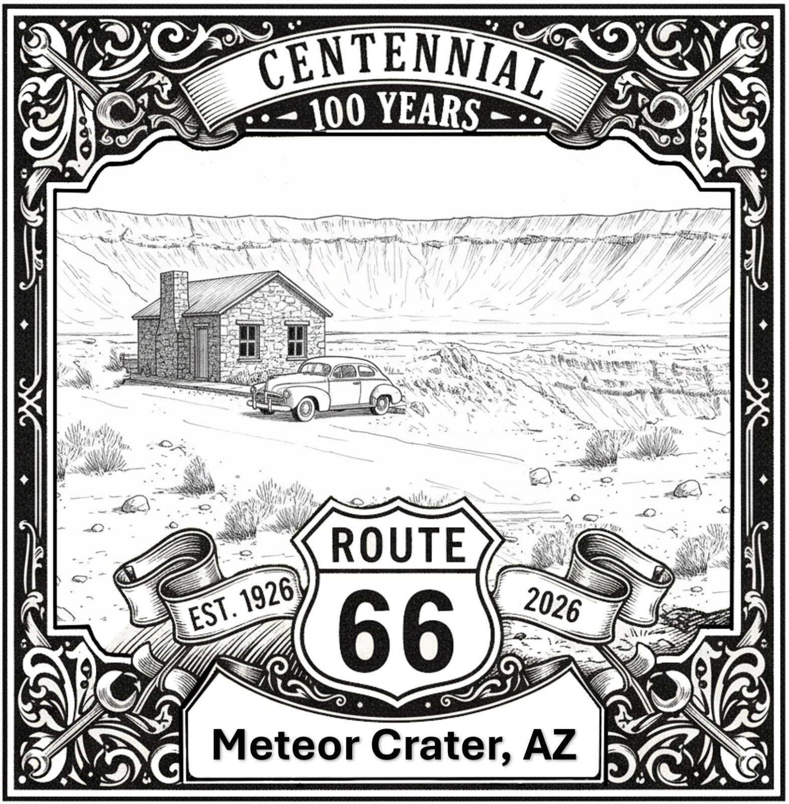 Laser-engraved design of Meteor Crater, Arizona for Route 66 Centennial