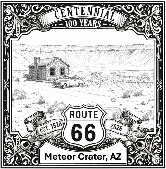 Laser-engraved design of Meteor Crater, Arizona for Route 66 Centennial