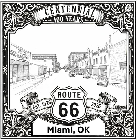 Laser-engraved design of Miami, Oklahoma for Route 66 Centennial