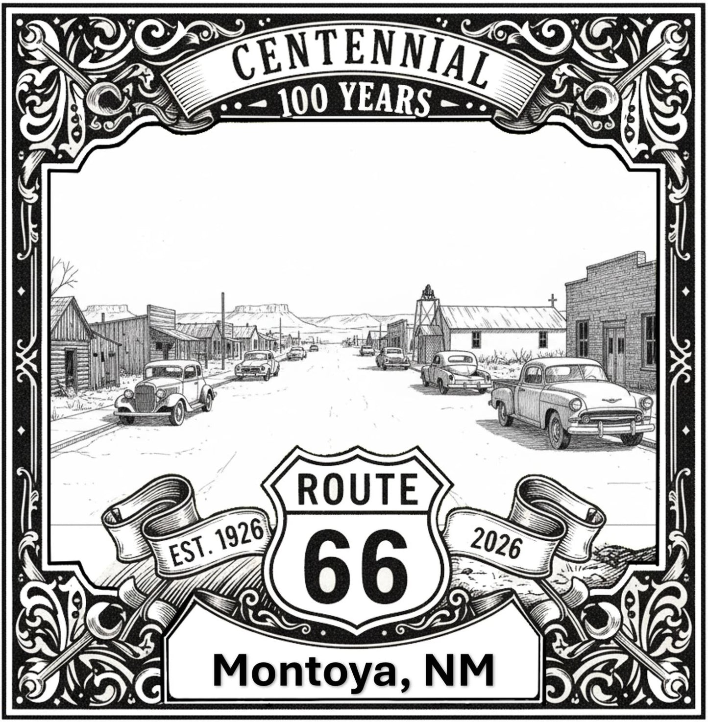 Laser-engraved design of Montoya, New Mexico for Route 66 Centennial