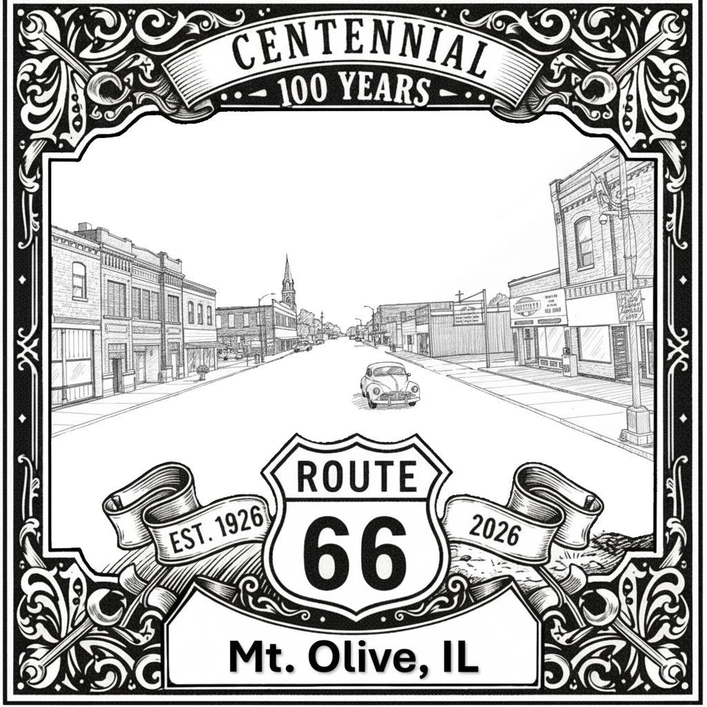 Laser-engraved design of Mount Olive, Illinois for Route 66 Centennial