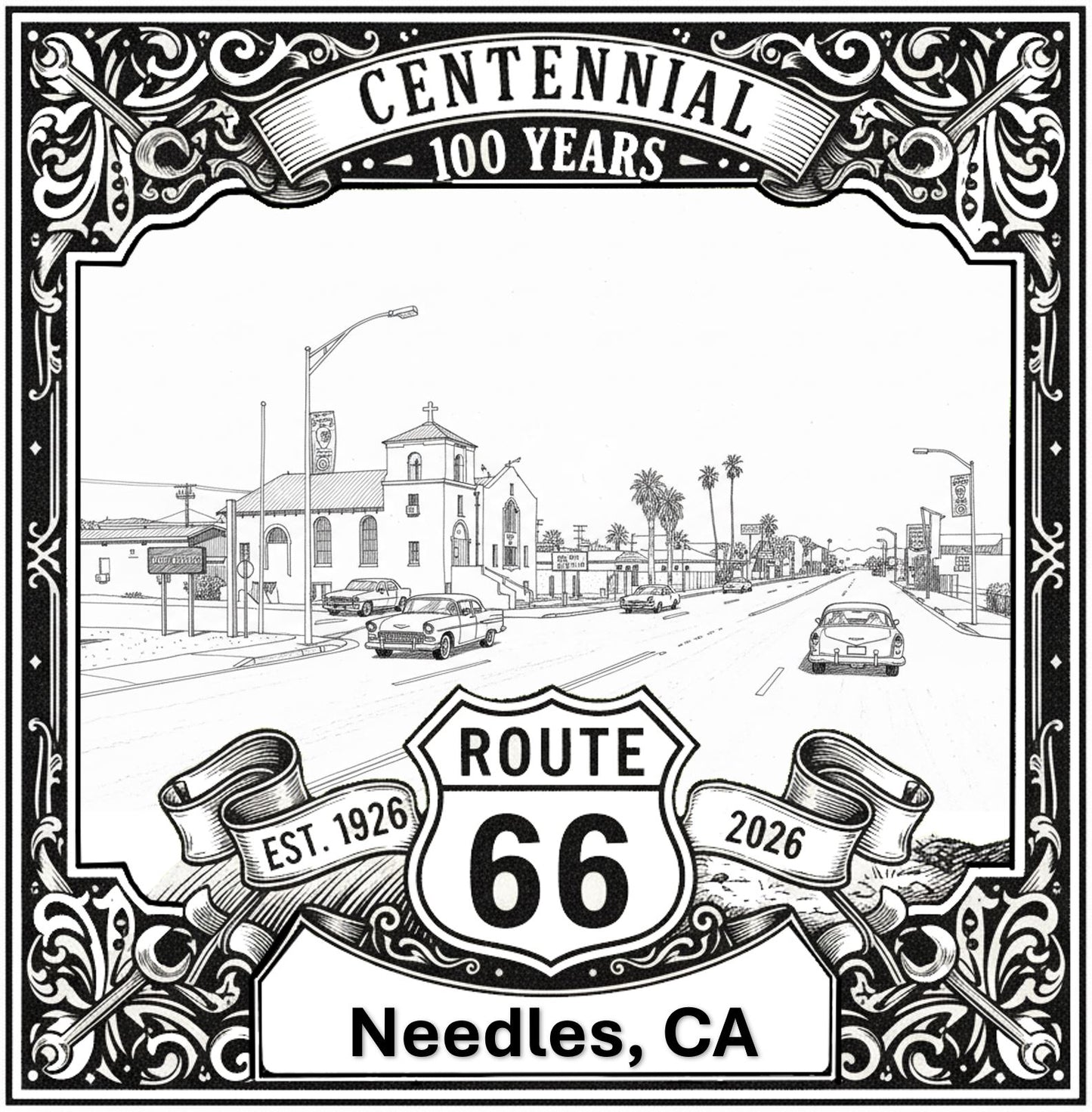 Laser-engraved design of Needles, California for Route 66 Centennial
