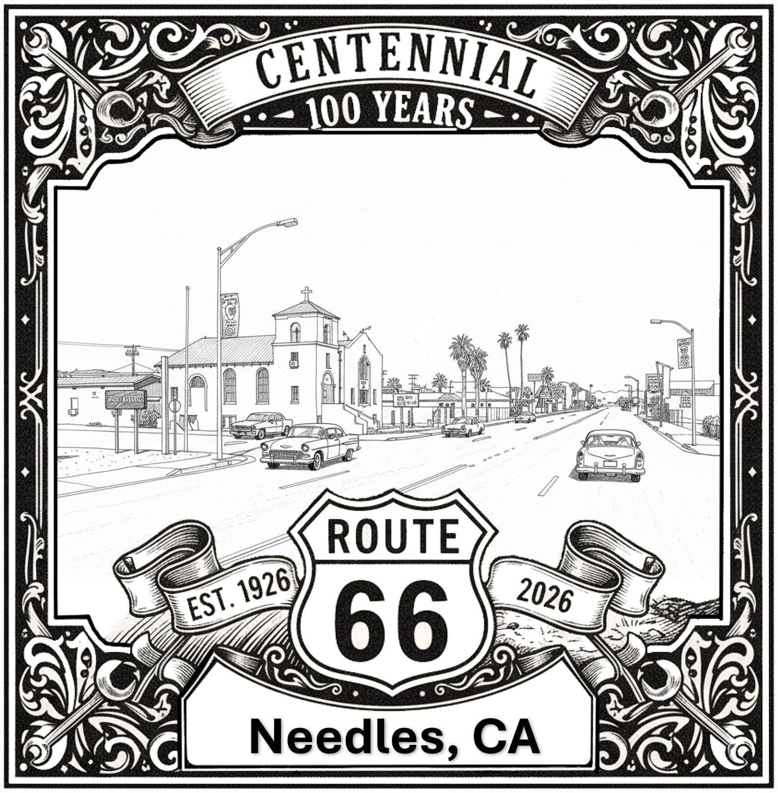 Laser-engraved design of Needles, California for Route 66 Centennial