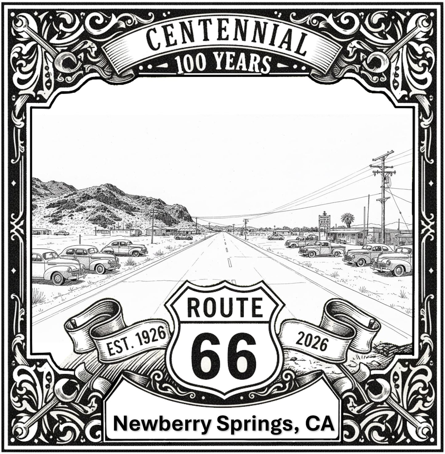 Laser-engraved design of Newberry Springs, California for Route 66 Centennial