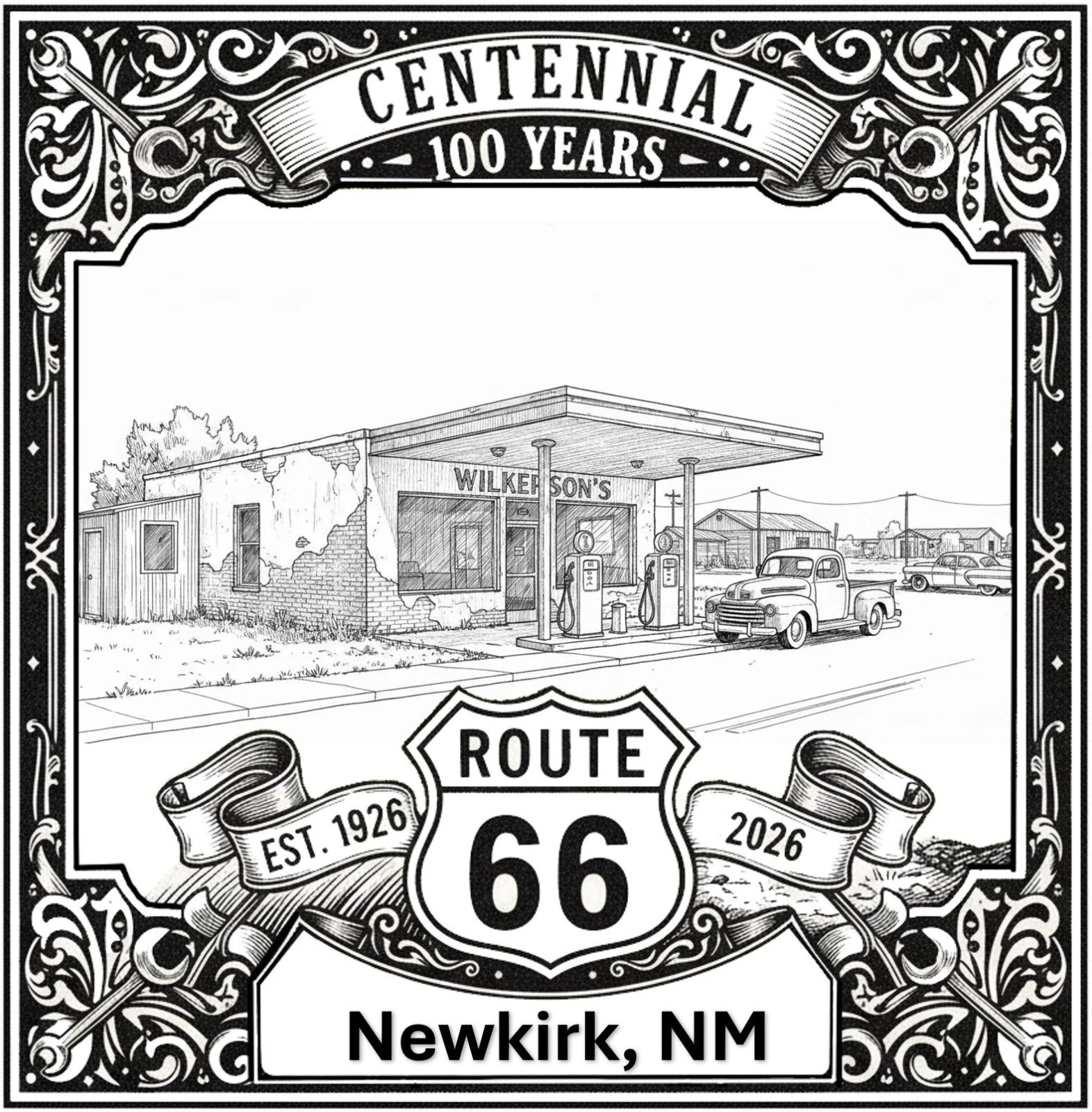Laser-engraved design of Newkirk, New Mexico for Route 66 Centennial
