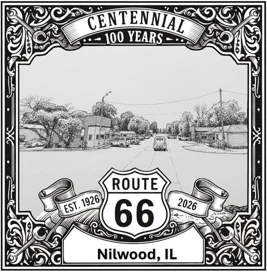 Laser-engraved design of Nilwood, Illinois for Route 66 Centennial