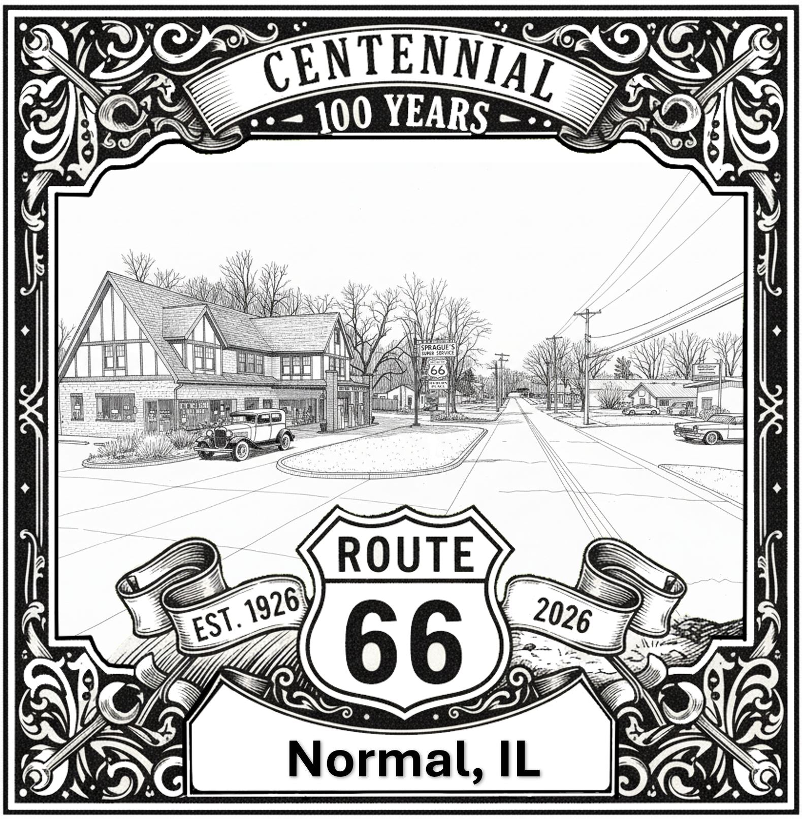 Laser-engraved design of Normal, Illinois for Route 66 Centennial