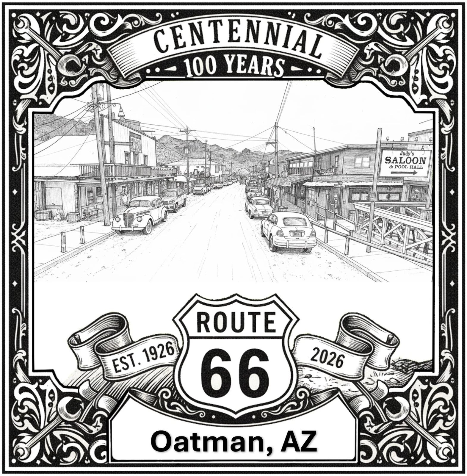 Laser-engraved design of Oatman, Arizona for Route 66 Centennial