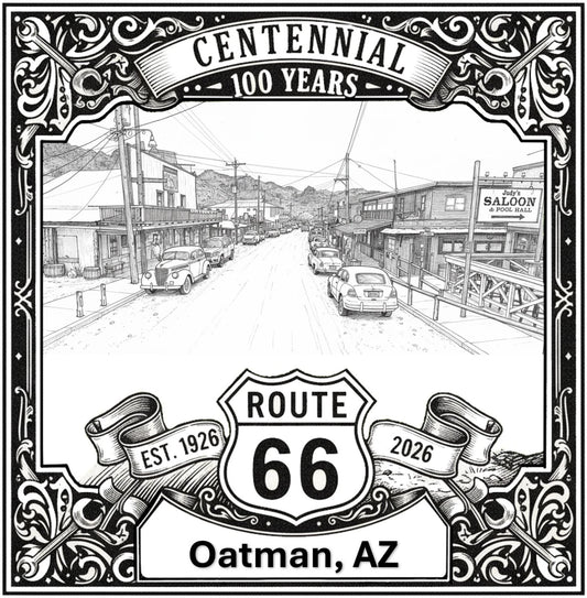 Laser-engraved design of Oatman, Arizona for Route 66 Centennial