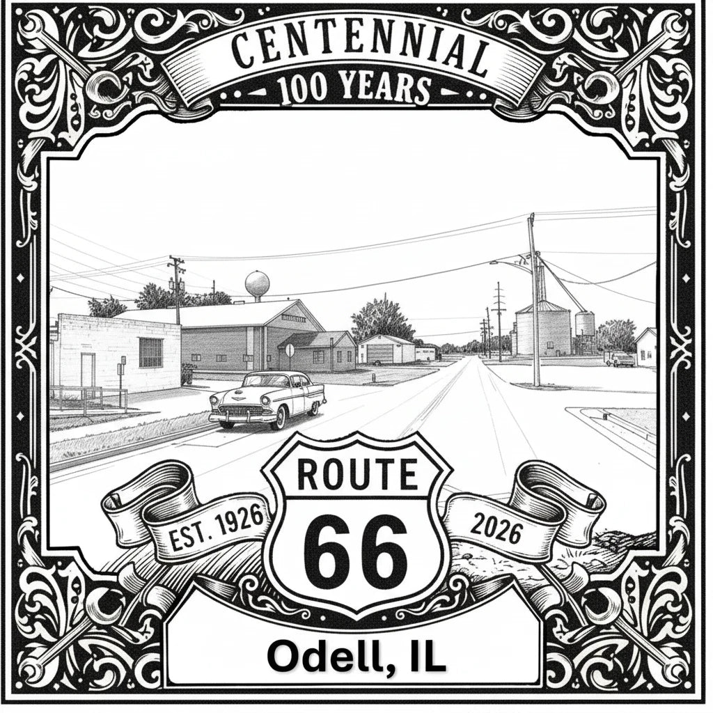 Laser-engraved design of Odell, Illinois for Route 66 Centennial