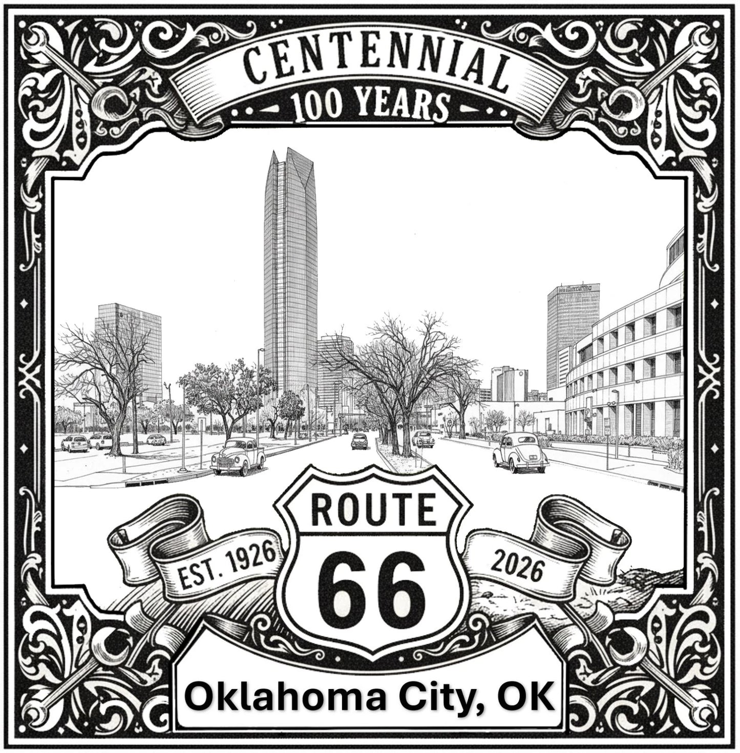 Laser-engraved design of Oklahoma City, Oklahoma for Route 66 Centennial