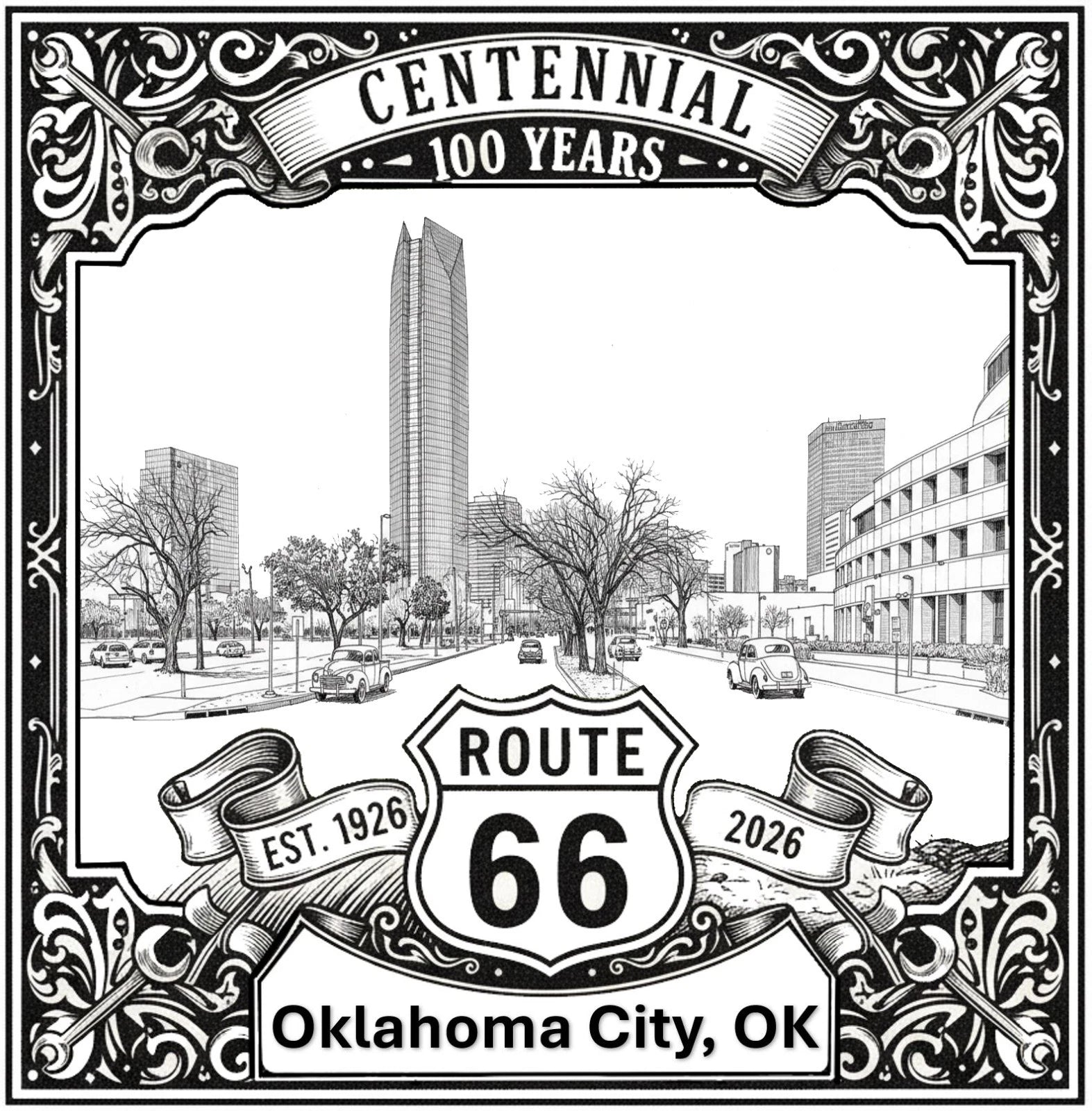 Laser-engraved design of Oklahoma City, Oklahoma for Route 66 Centennial