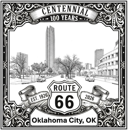 Laser-engraved design of Oklahoma City, Oklahoma for Route 66 Centennial