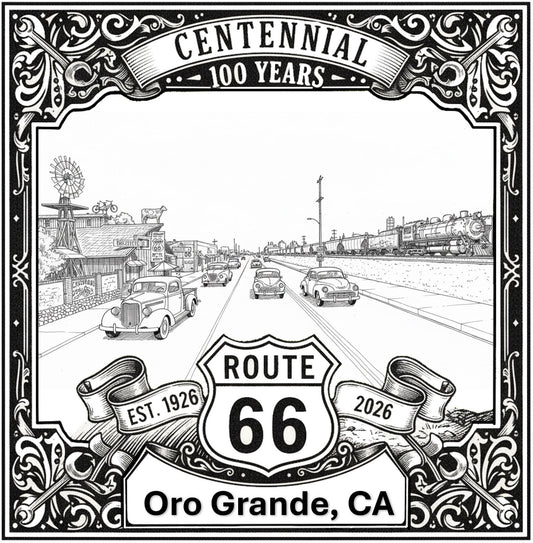 Laser-engraved design of Oro Grande, California for Route 66 Centennial