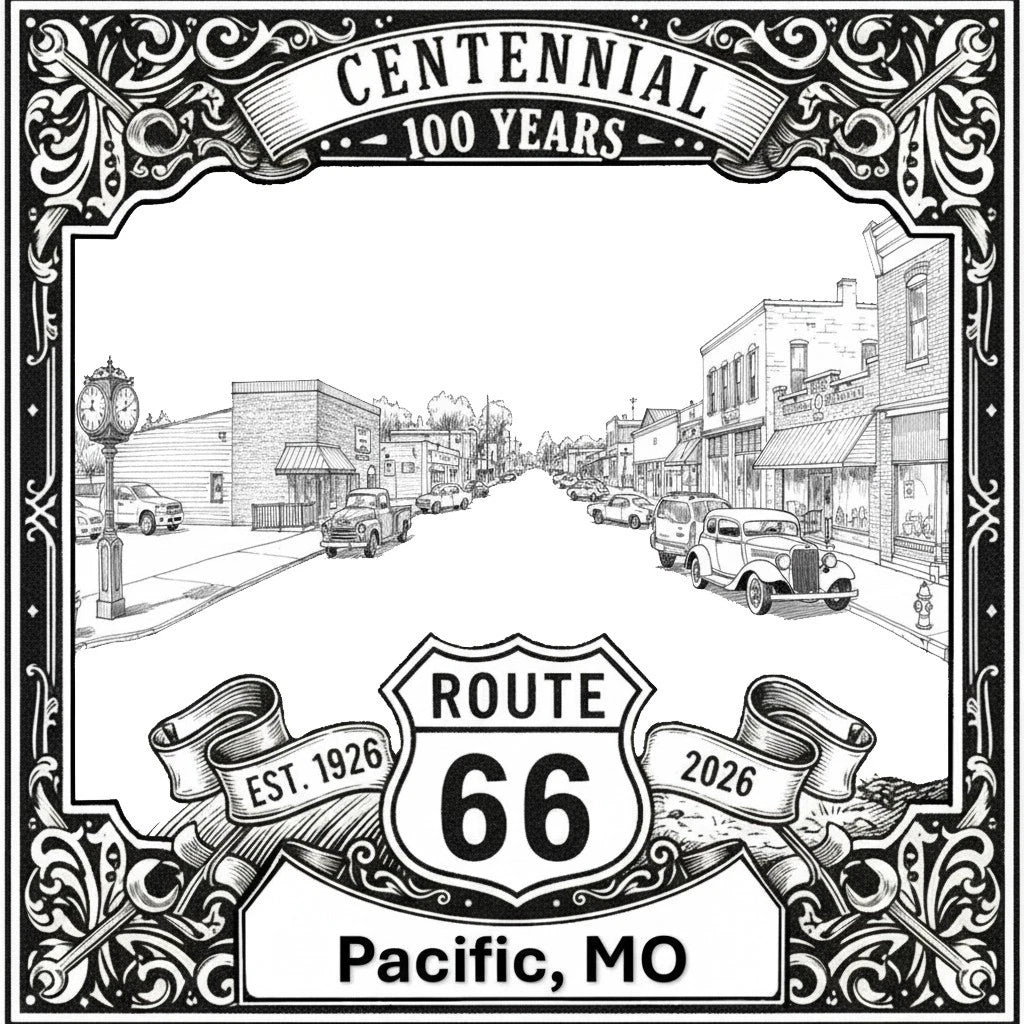 Laser-engraved design of Pacific, Missouri for Route 66 Centennial