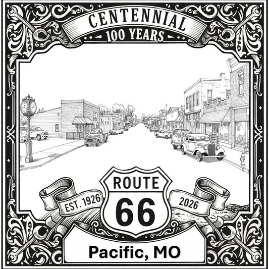 Laser-engraved design of Pacific, Missouri for Route 66 Centennial