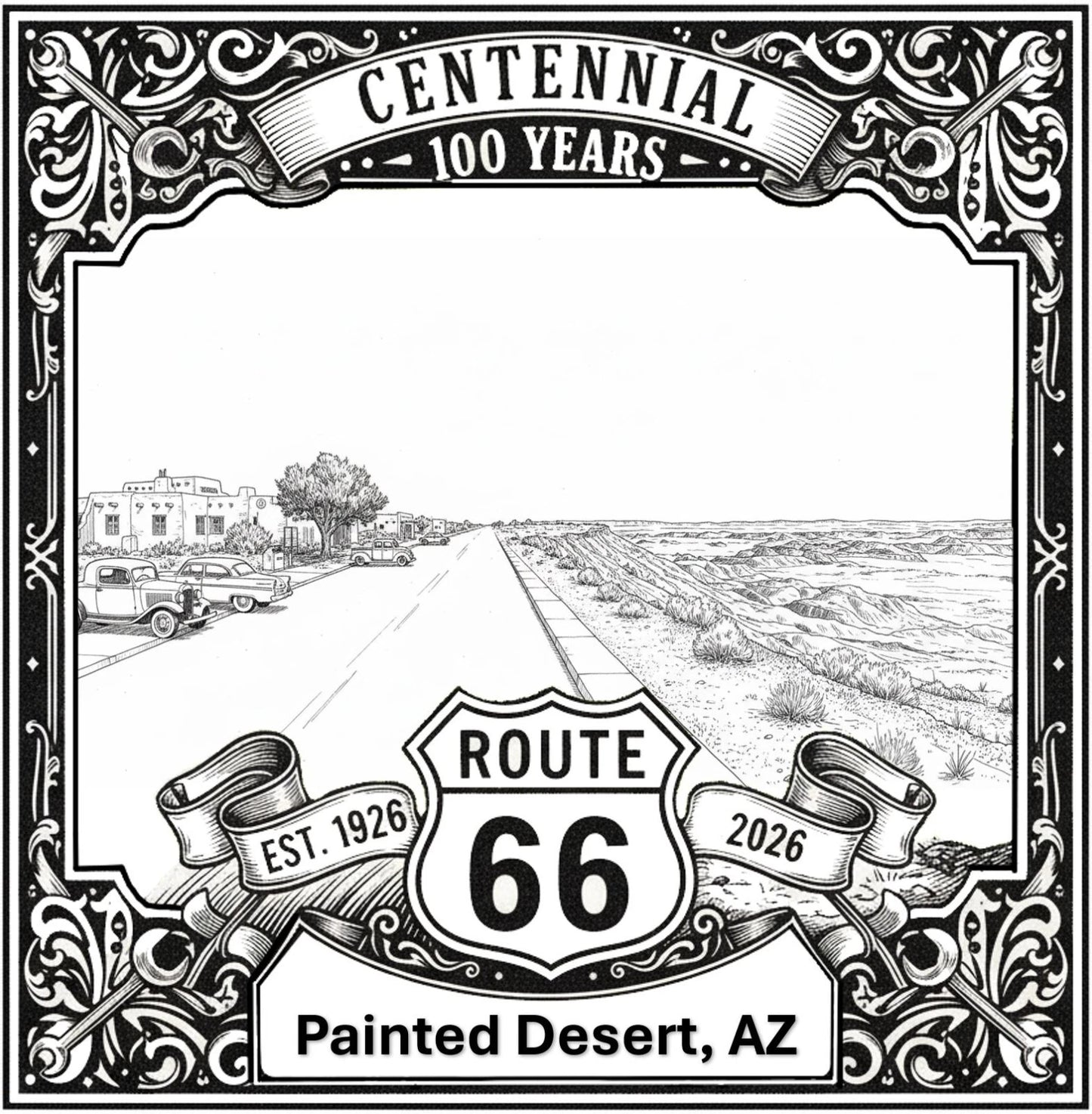 Laser-engraved design of Painted Desert, Arizona for Route 66 Centennial
