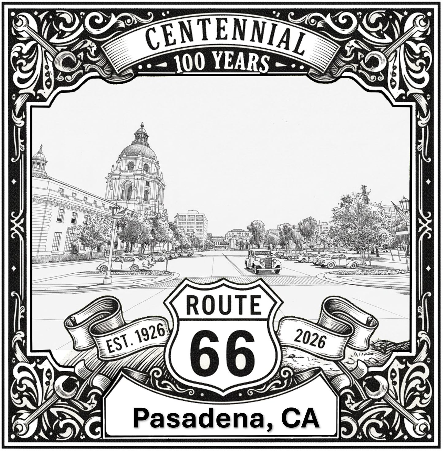 Laser-engraved design of Pasadena, California for Route 66 Centennial