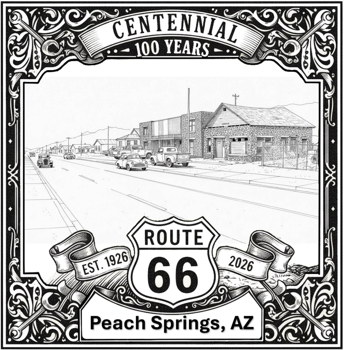 Laser-engraved design of Peach Springs, Arizona for Route 66 Centennial