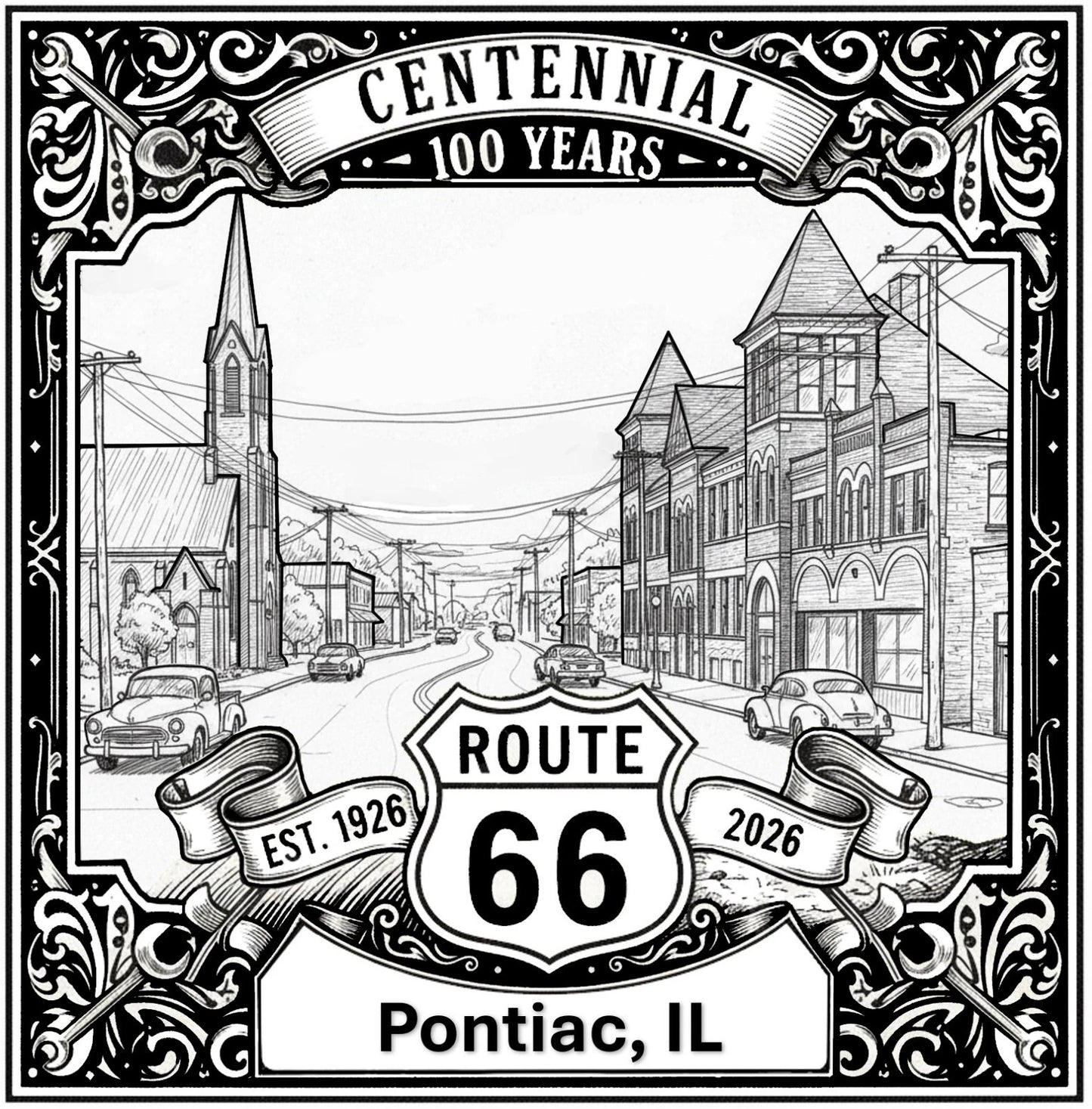 Laser-engraved design of Pontiac, Illinois for Route 66 Centennial