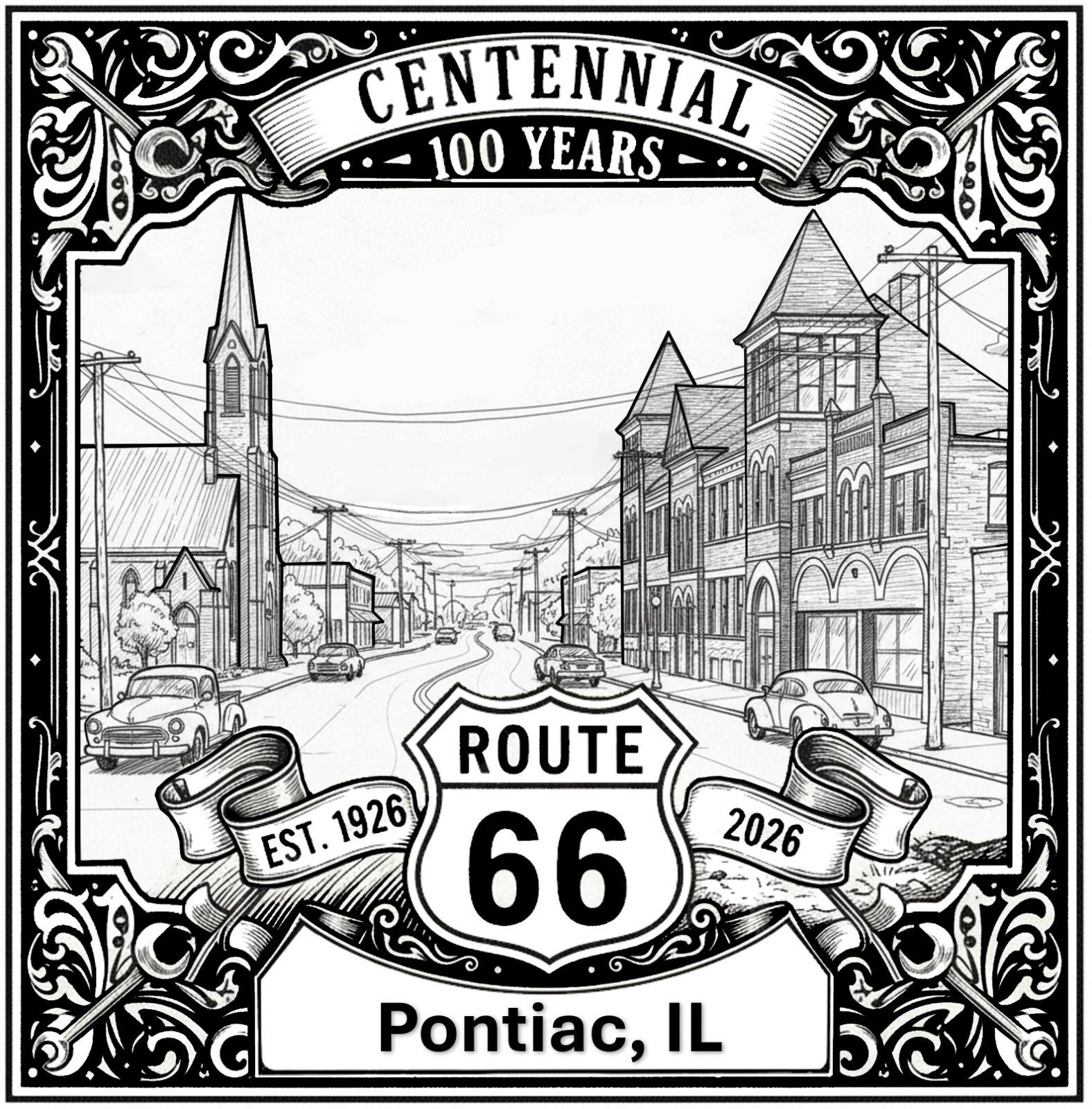Laser-engraved design of Pontiac, Illinois for Route 66 Centennial