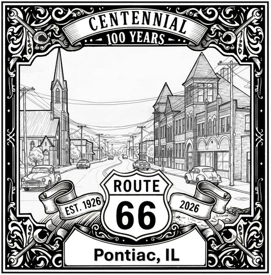 Laser-engraved design of Pontiac, Illinois for Route 66 Centennial