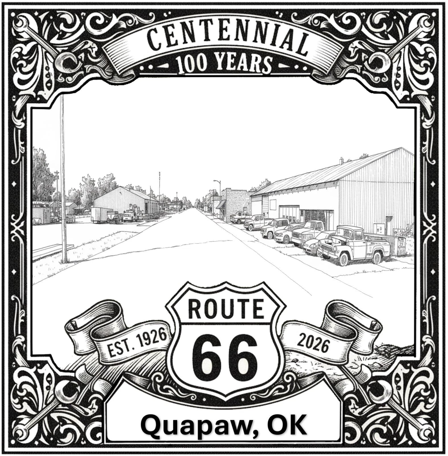 Laser-engraved design of Quapaw, Oklahoma for Route 66 Centennial