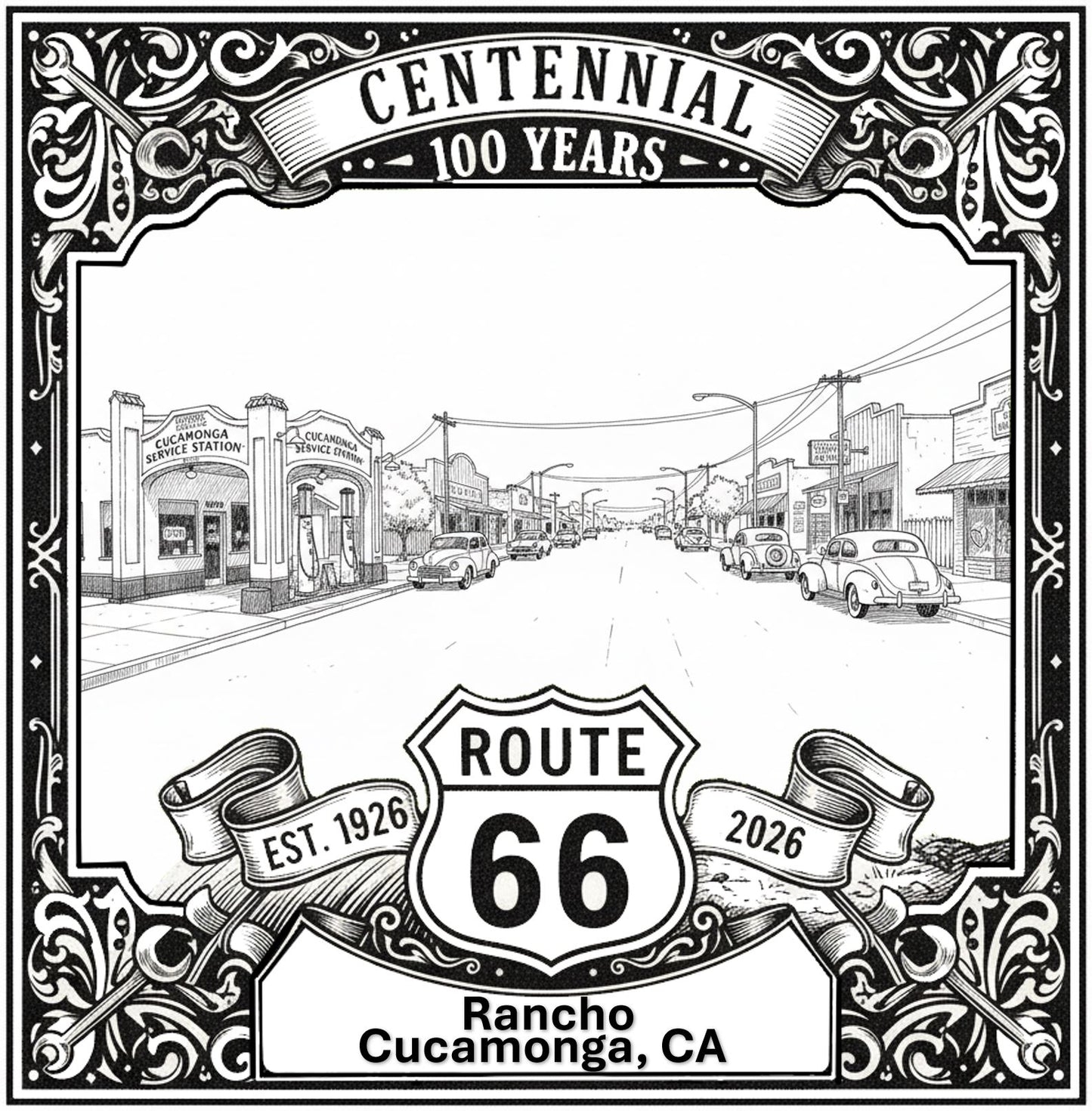 Laser-engraved design of Rancho Cucamonga, California for Route 66 Centennial